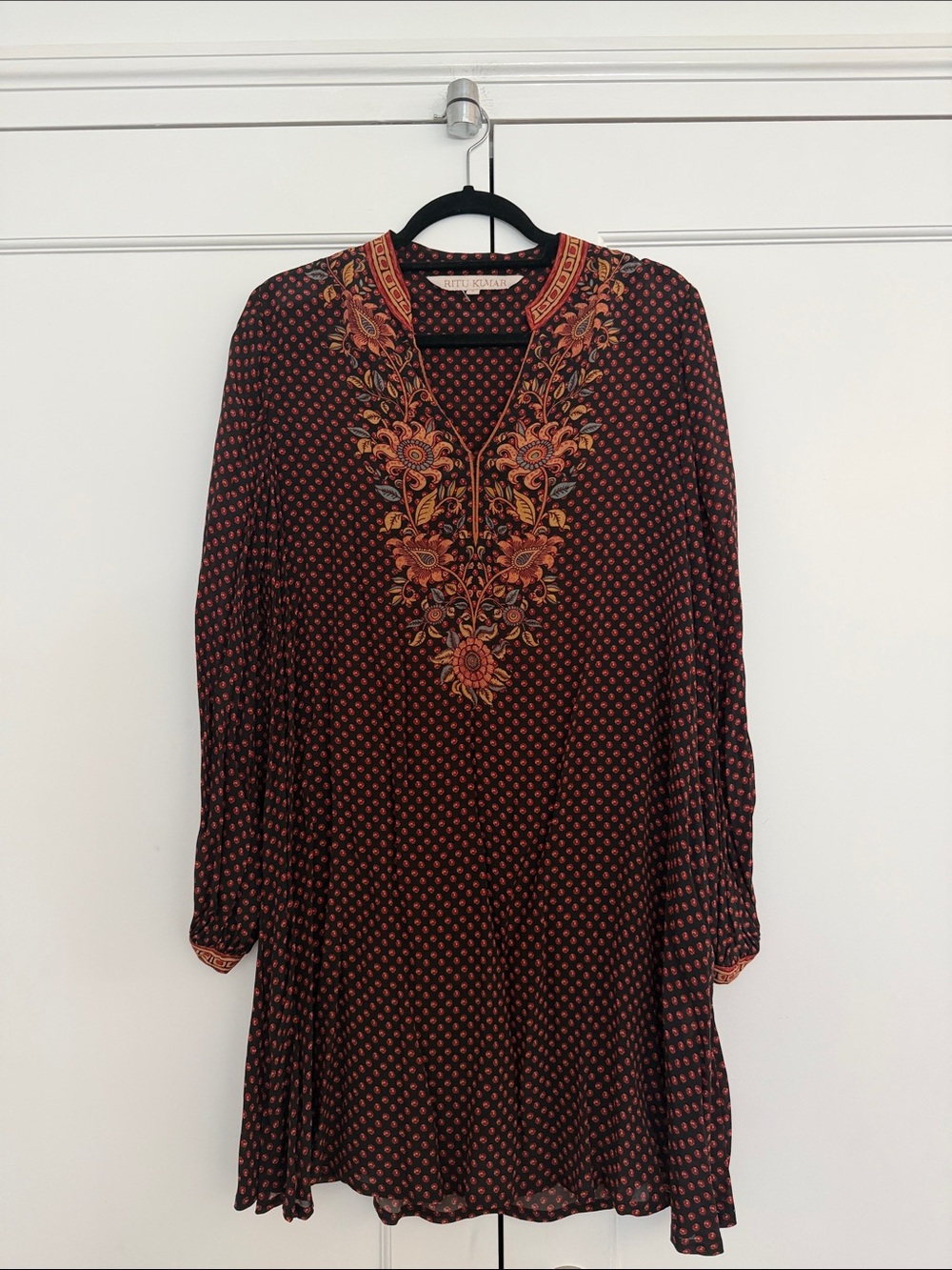 Ritu Kumar Black Tunic Dress with Rust Floral Embroidery